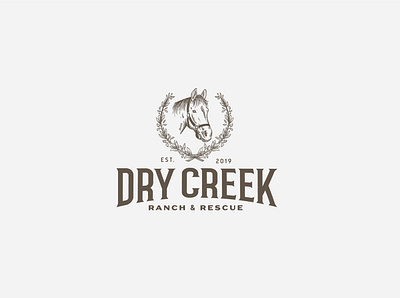 Dry Creek Ranch & Rescue Logo adobe brand identity branding classic design drawing emblem hand drawn horse illustration leaves logo ranch retro sketch traditional vector vintage wreath