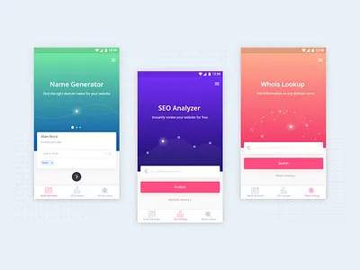 SEO Webmaster Tools App analyse application bottom nav clean design domain form host navigation bar seo step by step tap ui ux whois