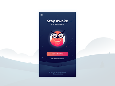 Stay Awake App Screen application clean design driving illustration owl ui ux