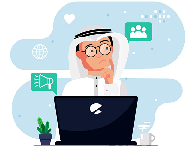 arabian man sitting on front of laptop thinking art character design flat illustration