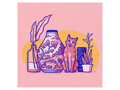 Still life & cat cat composition design digital illustration digitalart illustration pink pinky plants pottery yellow