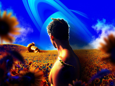 𝑺𝒖𝒏𝒇𝒍𝒐𝒘𝒆𝒓 𝑺𝒂𝒍𝒂𝒎𝒂𝒏𝒅𝒆𝒓 🌻*°˖ blue boy digital art dreamscape flowerfield flowers gay illustration landscape lonely male planet poster queer salamander saturn sky summertime sunflower sunshine