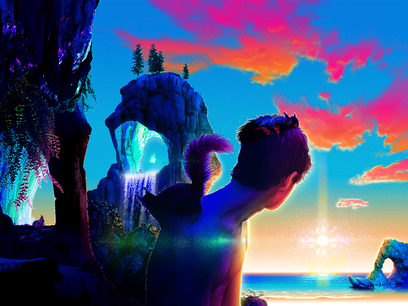 🐿️🐚🌊˖°⊹ animation beach boy cave chipmunk dreamscape gif gradients illustration ocean sea squirrel stone summer sunrise sunset sunshine tranquil water waves