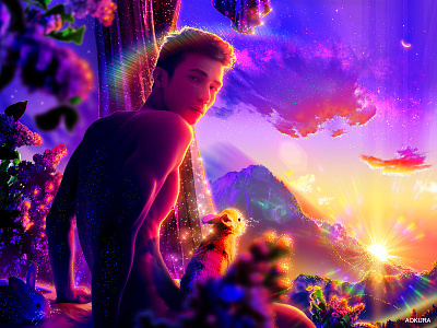 🐇💐˖°✧ aapi asian bunny dreamscape flowers gay gradient gradients landscape male paradise plants pride purple queer rabbit rainbow scenery stopasianhate sunset