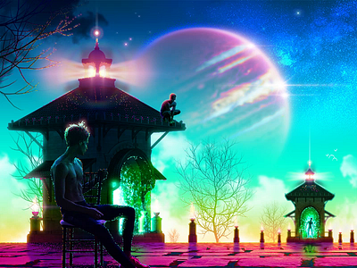 🌌˖°✧ animation boy cosmos dreamscape galaxy gay gradient illustration jupiter lighthouse man motion graphics planet queer retrowave sky space strange surreal vaporwave