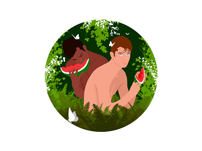 The Watermelon botanical boy couple eating flat food gay graphic design hunger hungry illustration interracial lgbt male nature plants queer watermelon young youth