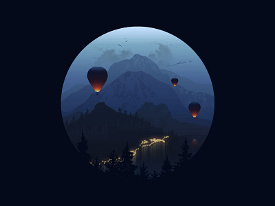 [1] A L P S adventure alps art design forest graphic design hot air balloon illustration journey lake landscape lights mountains nature night photoshop scenery travel twilight valley