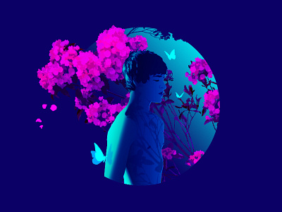 [2] Blossomed. 2d art blue boy butterfly character design flat floral flowers gay graphic design illustration lgbt nature neon photoshop pink queer web