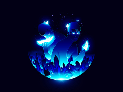 The Crystals: Inspirited 2d art blue boy character couple crystal design flat gay glow graphic design illustration lgbt nature night photoshop queer stars web