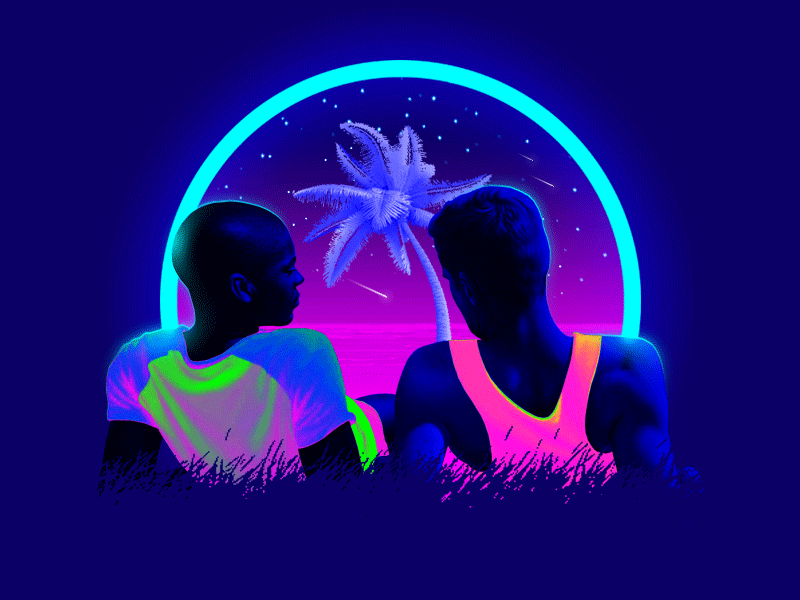 The Night Beach 🌴 aesthetics animation blue boys gay gif island lgbt love is love love wins neon pride pride month queer retro tropic vacation vaporwave vibes youth