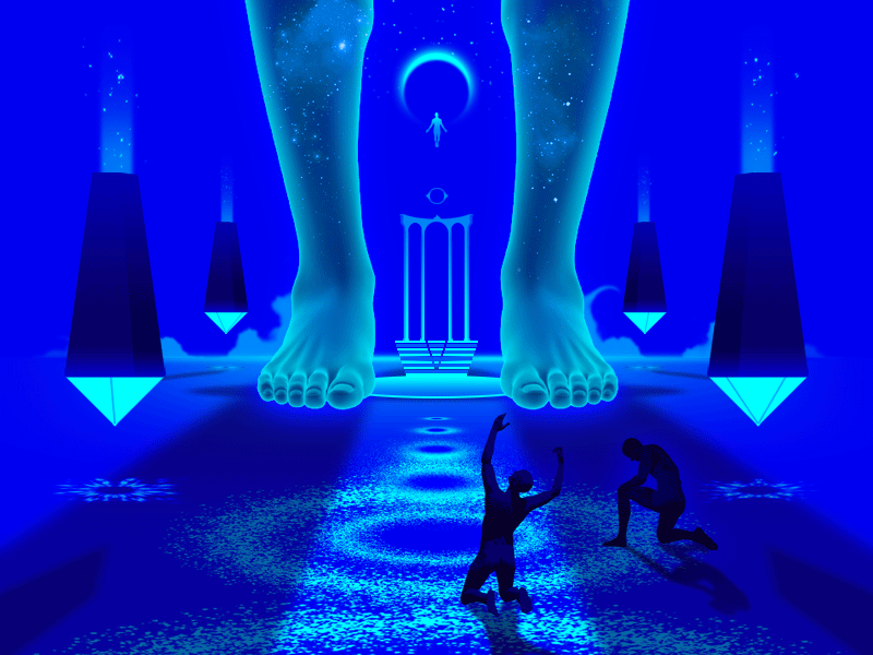 𝘉𝘦𝘩𝘰𝘭𝘥. 🙌🏾 𝘒𝘯𝘦𝘦𝘭. 🙏🏾 𝘈𝘸𝘦. 🤲🏾 animation colossus feet giant gif god holy mystic mythical mythology neon pray religious sacred spiritual surreal temple titan universe worship