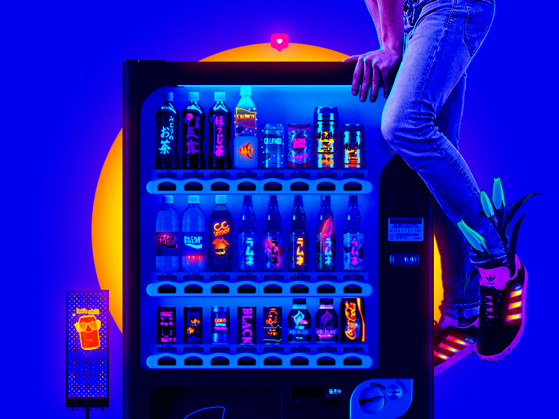 𝐕𝐄𝐍𝐃𝐎𝐑 𝐕𝐈𝐁𝐄𝐙 🧃✨☽༓･*˚⁺‧͙ aesthetics animation beverage brand branding drinks gif graphic mood motion neon product design retro retrowave shoes sneakers vans vaporwave vending machine vibes