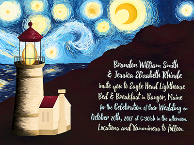 Starry Night Lighhouse - Wedding Invitations custom digital art digital painting lighthouse photoshop starry night wedding wedding invitations