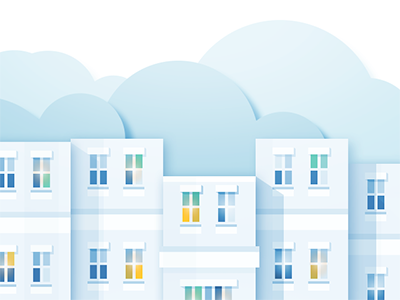 Buildings blue buildings clouds flat gradient illustration lights material design soothing vector windows