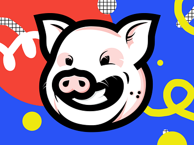 Piggy Smily | Grinning face blue bold colorful art emoticon face flat design grid grinning icon illustration logo piggy pigyear2019 red smily sticker vector yellow