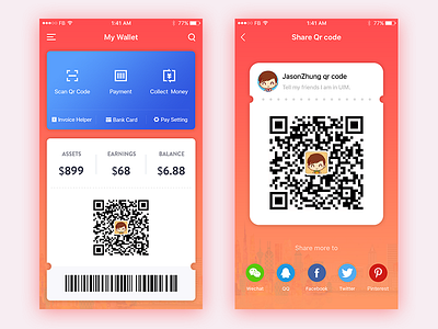 My Wallet app finance ios management money playlist qr code scan share ui ux wallet