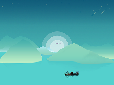 Landscape illustration bird boat illustration landscape moon mountains night stars sun view