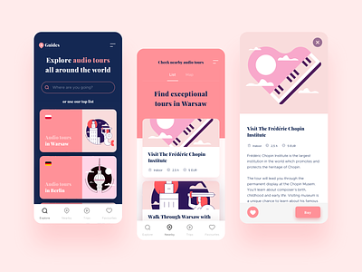 Audio Guides App app application audio clean design guide icons illustration pink player product designs travel ui ux