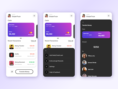 Payment Application account number card concept finance ios minimalist mobile mobile app mobile ui money money transfer payment profile settings transactions ui user experience user interface visa wallet