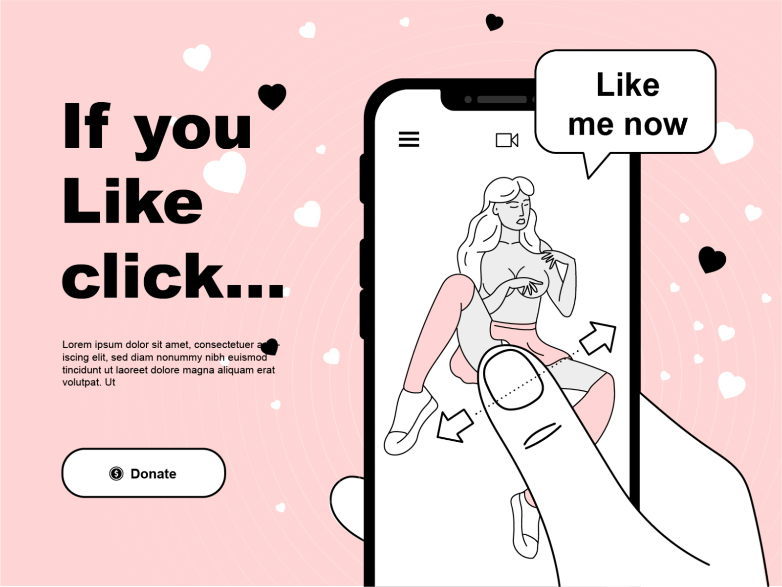 Sketsa lelucon tentang cinta dengan aplikasi seluler klik desain gadis lucu ikon hati ilustrasi infografis lelucon motivasi telepon mendorong seks seksi sentuh ui wanita