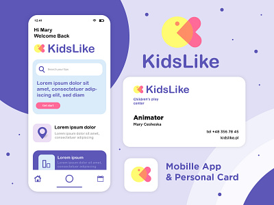 Apps and personal card KidsLike app branding children design icon illustration infographic kids logo mobile app motivation ui ux vector web