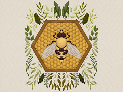 Bumble Bee in Nature bee bee hive bumble bee charcoal design digital art digital design digital illustration drawing gold graphic design green green plants honeycomb house plants illustration leaves plants procreate yellow