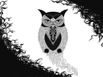 owl art blackandwhite boovpoov handdrawing illustrator owl vector