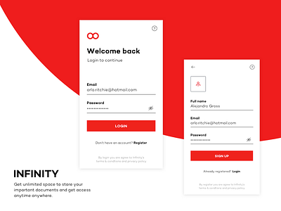 Login Register clean design infinity interaction login minimal red register signup ui unique ux