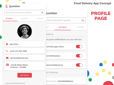 Food Delivery App Concept - Profile Page food delivery mobile app order online profile settings ui