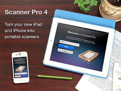 Scanner Pro - App store screen app app store apple application banner icloud illustration ipad iphone mail paper readdle sale scanner scanner pro screenshot sync top view