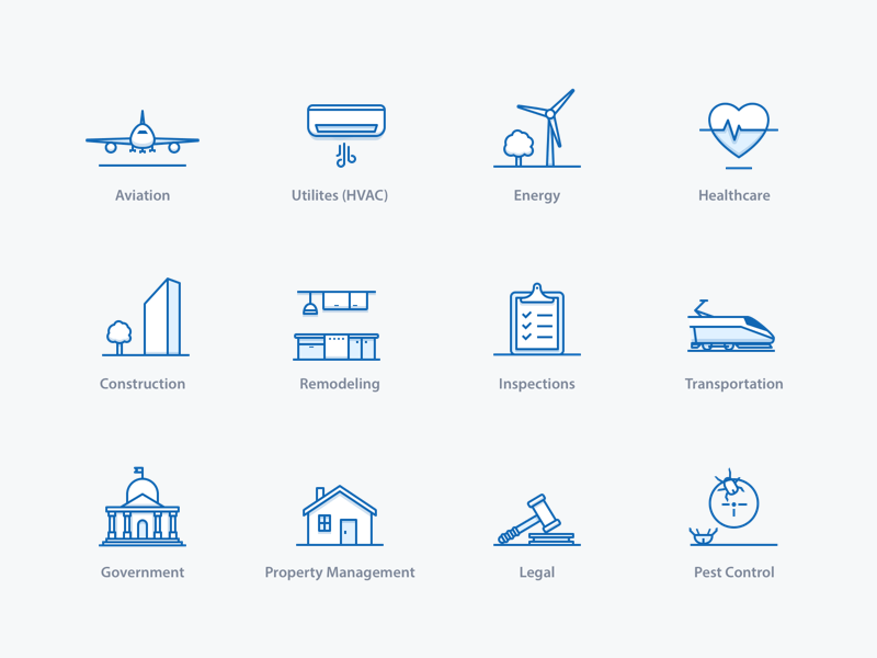 Industry Icons for Fluix aviation construction energy fluix government graphic design healthcare hvac icon industry inspections legal readdle remodeling sketch svg transportation vector website wind