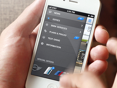 BMW App Concept - Sidebar app apple application bmw device hand iphone mini news series service sidebar