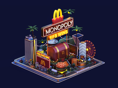 McDonald's - Monopoly Nightime Edition 3d 3dmodel art branding c4d cinema4d design food game graphic design illustration ligth logo material model3d render texture