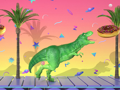 Still Animation 3d 80s 90s dinosaur donnut palm render retro trees