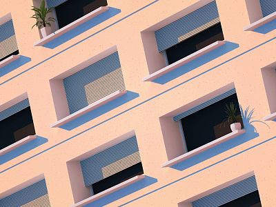 Salmon & Blue 3d arquitecture building illustration minimal plant pop render window