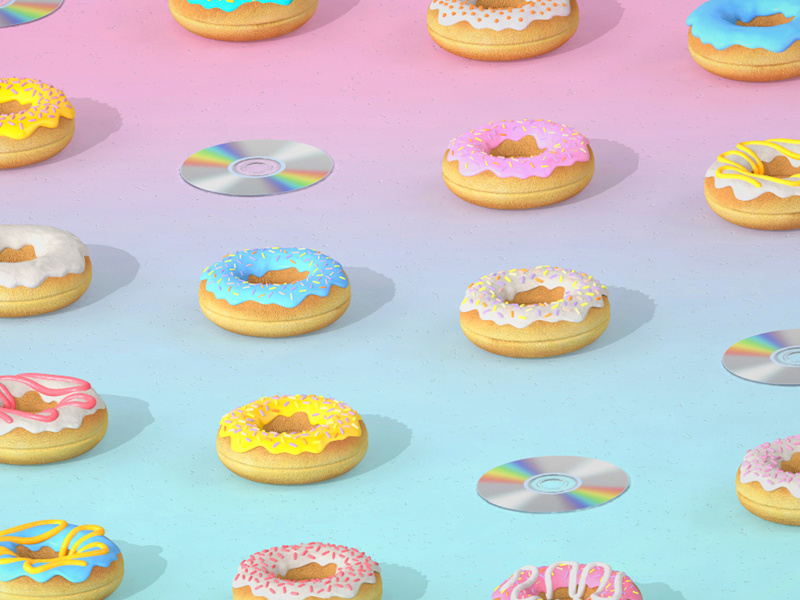 Doughnut & Disc pop pink gradient doughnut cd isometric ortographic patter illustration 3d render