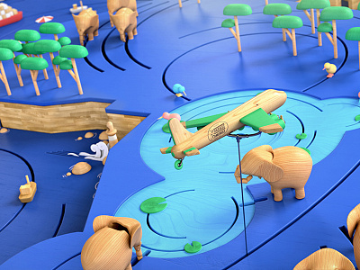 Wooden World 3d animals characters illustration map render wood world