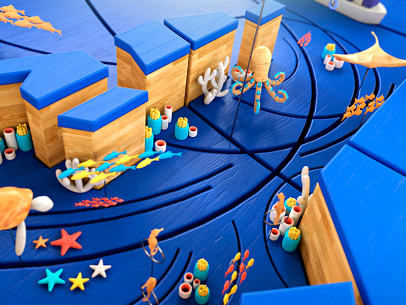 Wooden World illustration 3d render map characters animals octopus fish under sea wood world