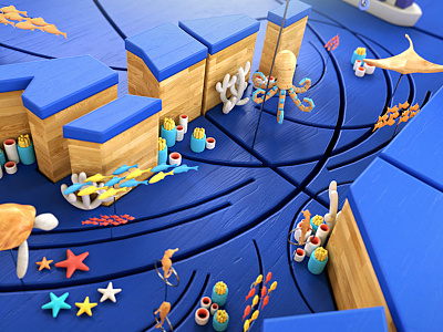 Wooden World 3d animals characters fish illustration map octopus render sea under wood world