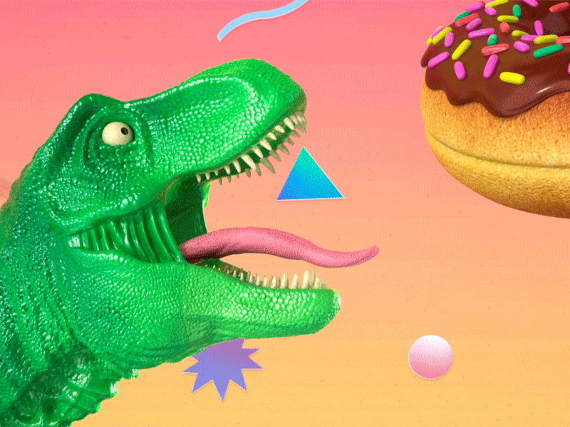 The Drooling Dino 3d 80s 90s animation character design dinosaur doughnut food gradient retro shapes