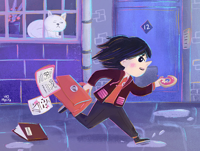 Children's book illustration - running late