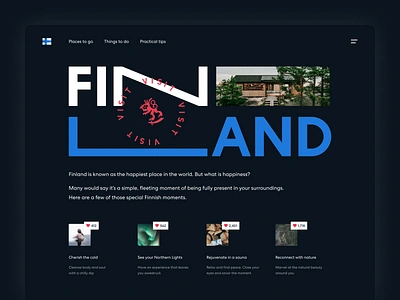 Finland / Travel / Website design clean creative dark finland home landing minimal minimalist product design sauna stretched text suomi tourist travel ui ux vacation web design