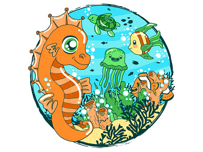 Un mar de sonrisas fish horse sea turtle vector