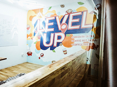 Level Up mural for Coffee Locale branding brands campaign coffee coffeeshop design hand lettering illustration mural typography