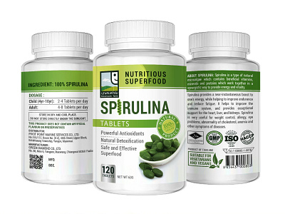 Label for Nutritious superfood Spirulina antioxidant design graphic design green label natural natural product organic spirulina superfood tablets typography