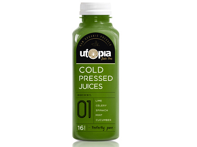 Healthy juice Utopia black bottle branding design graphic design green juice label natural organic typography