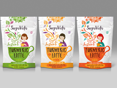New range of healthy turmeric latte branding cup design draw girl graphic design illustration latte leaves natural packaging stand up typography vector
