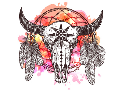 Buffalo Skull america animal buffalo dreamcatcher feathers hand drawn hipster illustration indian skull