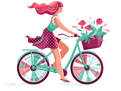 Girl on a bicycle bicycle flat flower girl graphic art illustartion illustartor pink hair spring summer textured vector vector work