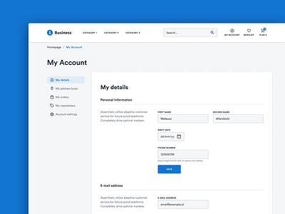 E-commerce - My Account Page 2019 account belgium clean dashboard design system e-commerce ecommerce figma form poland webshop
